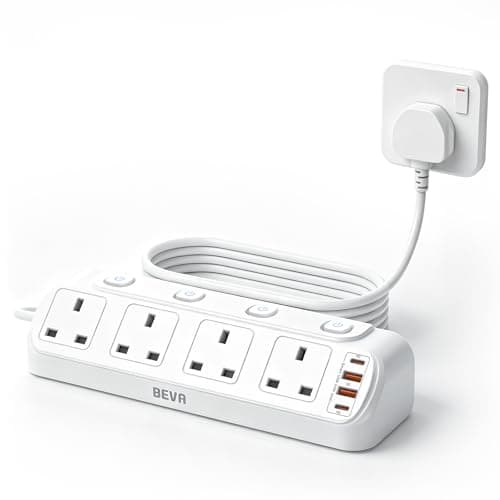 Desk Extension Lead 1.8M, BEVA 4 Way Surge Protected Extension Socket with 4 USB Ports PD20W, Mountable Power Strip with Individual Switches 13A 3250W for Home Office - White