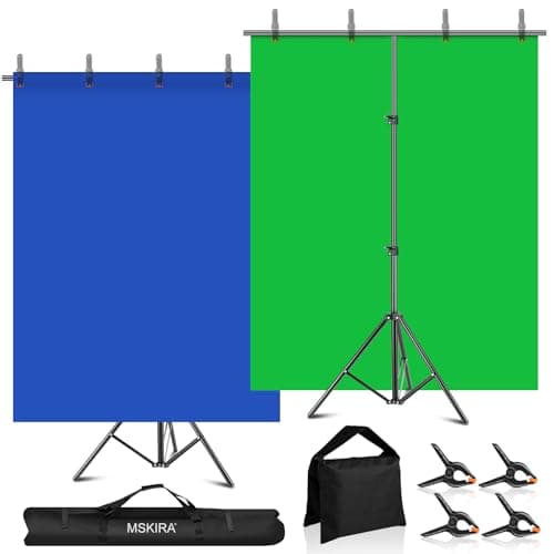MSKIRA 2-in-1 Blue Green Screen Backdrop with Adjustable T Stand 6.5ft | Reversible Polyester-Cotton Chroma Key Screen For Streaming Photography Zoom Youtube. Washable. 4 Clamps, Sandbag & Carry Bag