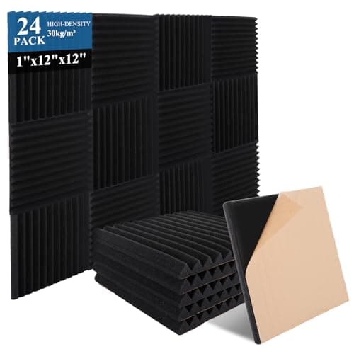SHUESS 24 Pack Sound Proofing Panels - 12" X 12" X 1" Wedges Acoustic Foam Panels Self Adhesive - High Density Black Sound Proof Panels for Walls - Acoustic Panels for Recording, Studios, Gaming Room