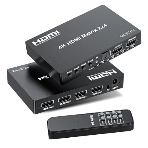 4K 2x4 HDMI Matrix Switch, 2 in 4 Out Matrix HDMI 2.0 Video Switcher Splitter, Optical & 3.5mm Audio Output, Support 4K 60Hz HDR HDCP2.2, 18Gbps, with IR Remote Control for NS PS5 Fire Stick etc