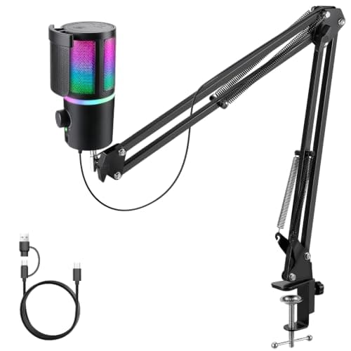 FerBuee USB PC Gaming Microphone with RGB Light, Mute Button, Volume Control, Echo Function, Headphone Monitoring Jack. Compatible with MAC, Windows, PS4/S5. Microphone with Adjustable Stand