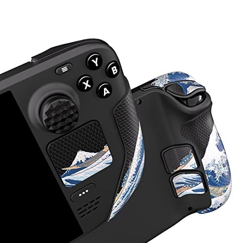 PlayVital Professional Textured Soft Rubber Pads Handle Grips for Steam Deck LCD & OLED, Trackpads Skin Grip Enhancement Back Button Protective Stickers Set with Thumb Grip Caps - The Great Wave