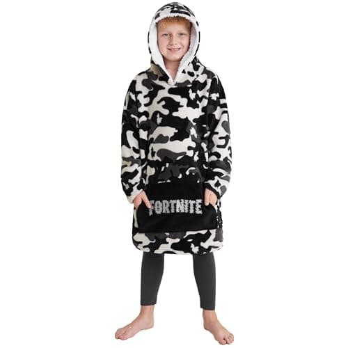 Fortnite Oversized Hoodie Blankets for Boys Fleece Extra Long Warm Wearable Hooded Poncho for Kids and Teens 14+, Gamers Gifts (Black Camo Kids)