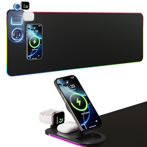 HAUTOCO Wireless Charging Mouse Pad 15W RGB Gaming Mouse Mat, Waterproof Desk Mat with Phone Holder, 900x300x4mm Extra Large Mousepad, Non-Slip Base LED Computer Keyboard Mat for PC Laptop, Black