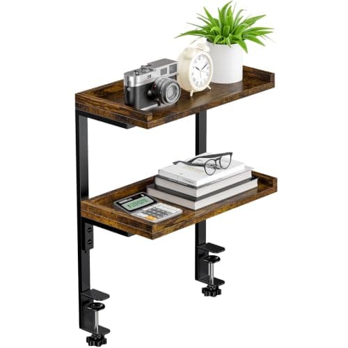 THYGIFTREE 2 Tier Clamp On Desk Shelf Organiser, 32 x 18 cm Gaming Desk Extender Accessories, Home Office Accessories Desktop Storage Rack for Gaming Setup, Small Space, Books, Plants (Brown)