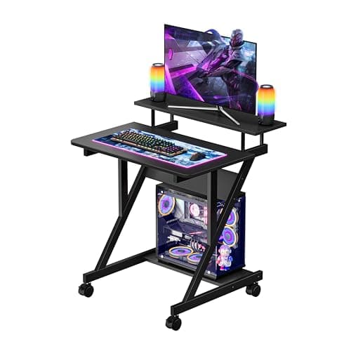 Dripex Computer Desk with Monitor Shelf, Mobile Z-Shaped Desk with Wheels
