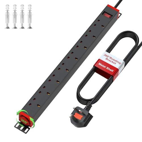 8 Way Power Strip Surge Protector with Metal Housing, 8 Plug Extension Lead with Switch & 360° Rotating Wall Mount Brackets, 1.8M Cable 13A/3250W Black for Home Office