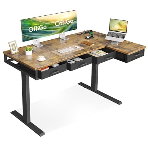 OffiGo L Shaped Electric Standing Desk with 4 Drawers, 140×80cm, Brown