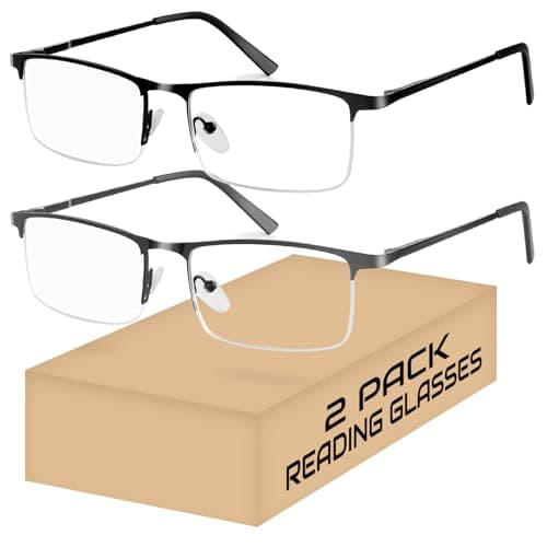 2 Pack Men's Half Frame Metal Reading Glasses , Mobile/Computer Reader