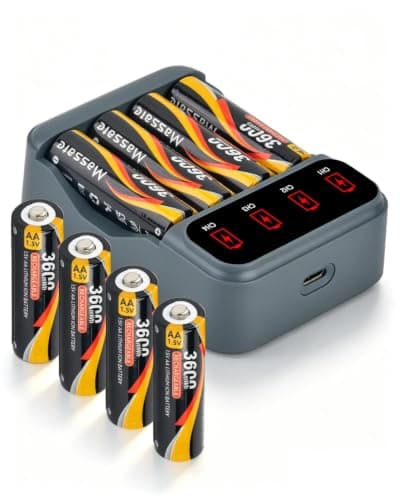 Massate 8-Pack 1.5V AA Rechargeable Batteries 3600mWh High Capacity with 4-Slot Smart Charger, USB Powered Long-Lasting Battery Kit for Game Controllers, Remotes & Household Electronics