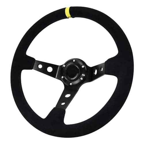 Acclcors Universal Racing Steering Wheel, Gaming Steering Wheel 350mm/14inch 6 Bolt Grip Suede Deep Dish with Horn Button for Racing/Rally/Motorsport/Car Sim Driving (Black)