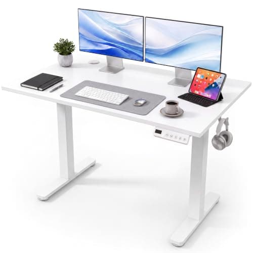 Claiks Electric Standing Desk 120x60cm Height Adjustable Desk with 3 Memory Presets & Sit Stand Reminder, Quiet Home Office Computer Desk with LED Display, Cable Holes & Hooks, White