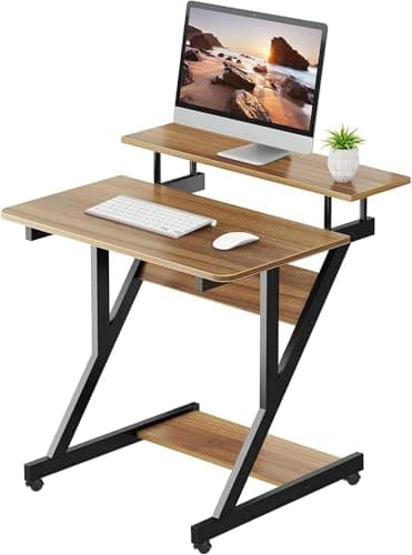 Dripex Computer Desk with Monitor Shelf, Mobile Z-Shaped Desk with Wheels