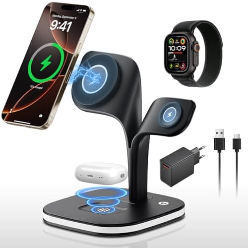 Wireless Charger iPhone 3 in 1, Magnetic Charging Station with LED Light, Wireless Charging Stand for Phone Watch Earbuds with Adapter, Desktop Charger for Home Office