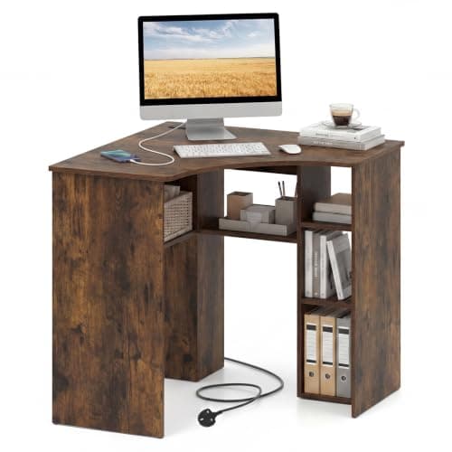 COSTWAY Corner Computer Desk, Triangle Study Desk (Rustic Brown)
