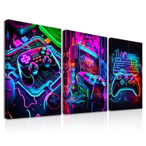 Dazzlewall 3Pcs Framed Neon Gaming Wall Art Controller Gamepad Pictures, Video Game Wall Art Posters for Teen Boys Room Dorm Game Room Decor 12x16 in
