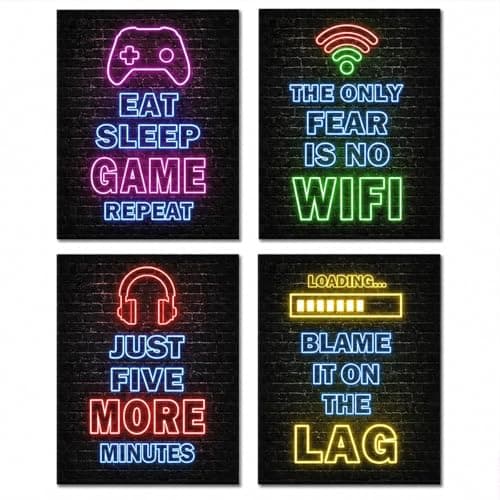 4 Pcs Gaming Wall Art, Neon Gaming Posters Canvas Prints, Gamer Bedroom Wall Decor Set for Boys Teen Room, Esports Venue, Gaming Lounge, Playroom & Pub