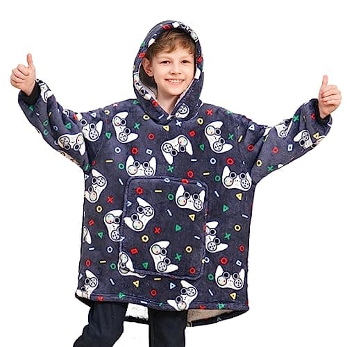 Ceruwum Gamer Hoodies for Boys, Kids Hooded Sweatshirt, Oversized Hoodie Blanket for Teens (Gamer-Navy, 10-11 Years)