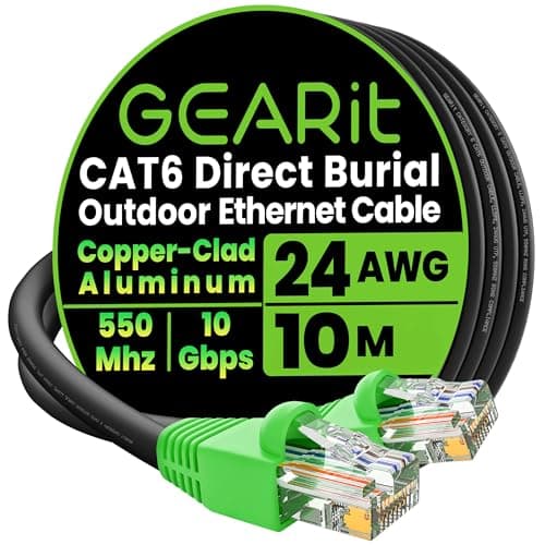 GEARit Cat6 Outdoor Ethernet Cable (10 Meters) CCA Copper Clad, Waterproof, Direct Burial, In-Ground, UV Jacket, POE, Network, Internet, Cat 6, Cat6 Cable - 10m