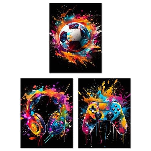 Cunegra 3Pcs Gaming Posters, Cool Gaming Room Accessories, Stylish Posters for Bedroom Boys, Football & Gaming Theme Wall Art for Teens’ Bedrooms, Game Rooms & Dorms Decoration