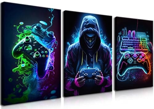 BGFCE Cool Gaming Canvas Wall Art Set of 3, Retro Video Game Watercolor Poster Pictures, Neon Gamepad Gamepad Painting Prints Game Room Bedroom Wall Decor 12x16 in Framed