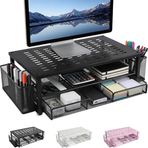 NBBENG Monitor Stand Metal, Office Desk Monitor Riser Stand with Drawer, Computer Stands Desk Accessories and 2 Pen Holder, for Printer, Notebook ( Black )