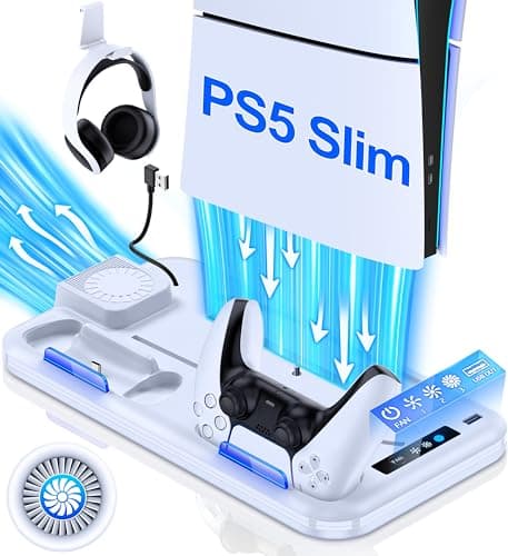 HEYLICOOL PS5 Slim Stand and Cooling Station with Dual Controller Charging Station for Playsation 5 Slim Disc/Slim Digital Console,PS5 Slim Accessories with 3 Levels Cooling Fan & Headset Holder