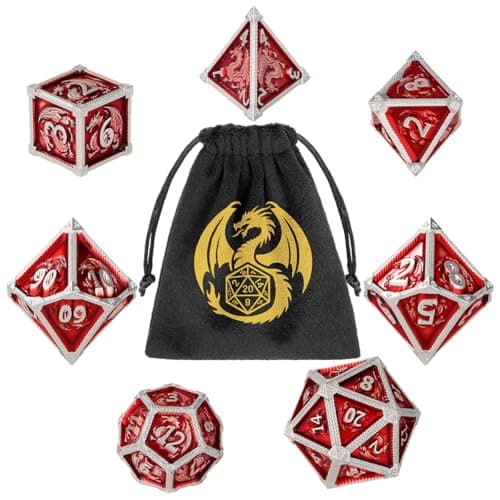 Metal Dice Set, Dragon Pattern, 7pcs Polyhedral Metal DND Dice Set, DND Starter Set, D&D Gifts with Gift Bag, Role Playing Board Games Accessories, Red