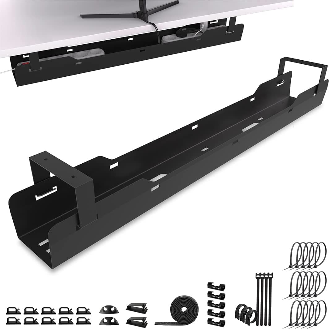 Under desk cable tray – Cable management, 15 kg load capacity, Black | Opens from both sides · Lots of space for cables and extension leads · Easy access · Desk cable tidy · Cable organiser