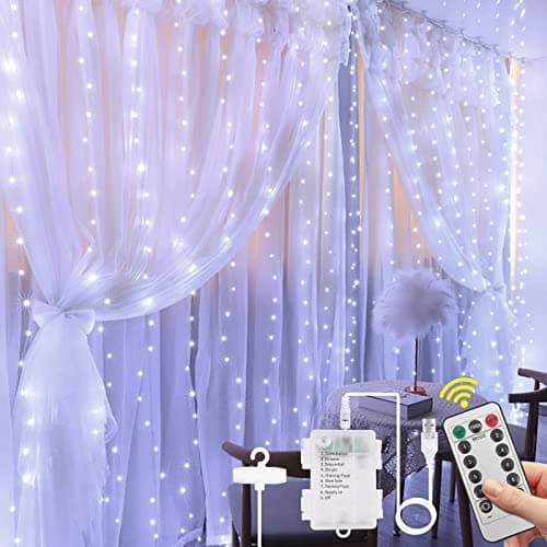 Vicloon Curtain Fairy Lights, 300 LED Window String Lights, 3m 8 Mode Waterproof White Curtain Lights USB & Battery Powered with Remote Control Timer for Outdoor Indoor Party Bedroom Decoration