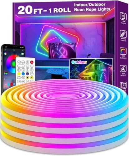 NUERPO LED 6M Neon Rope Lights, Flexible LED Cord Lights Controlled with App/Remote, Music Sync Led Neon Light Strip for Bedroom Decoration
