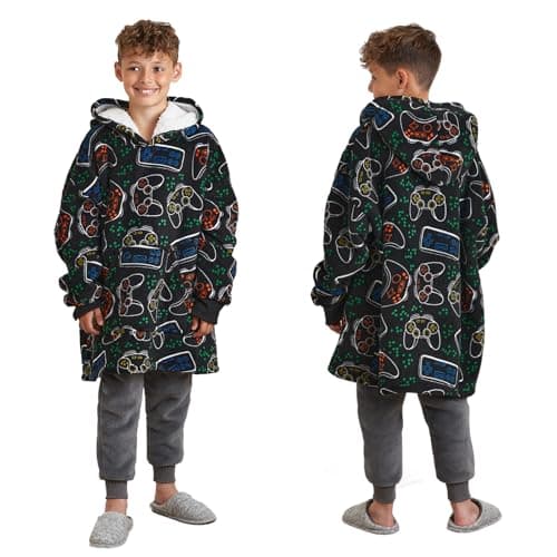 Dreamscene Gaming Oversized Hoodie Blanket, Gifts for Boys Sweatshirt Soft Sherpa Fleece Throw Cosy Wearable Hooded Blanket Big Jumper - Black, One Size Fits All - Kids