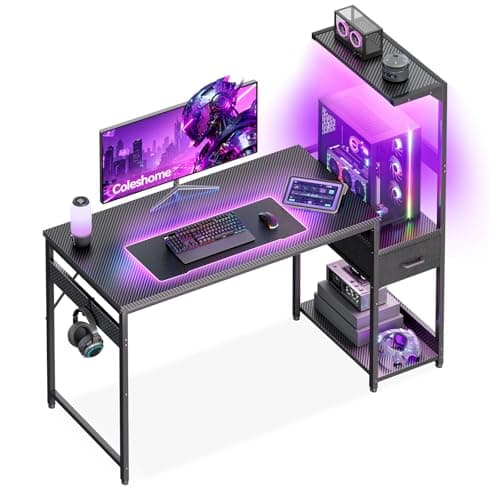 Coleshome 120×48 cm Gaming Desk with LED Lights, Carbon Fiber Black