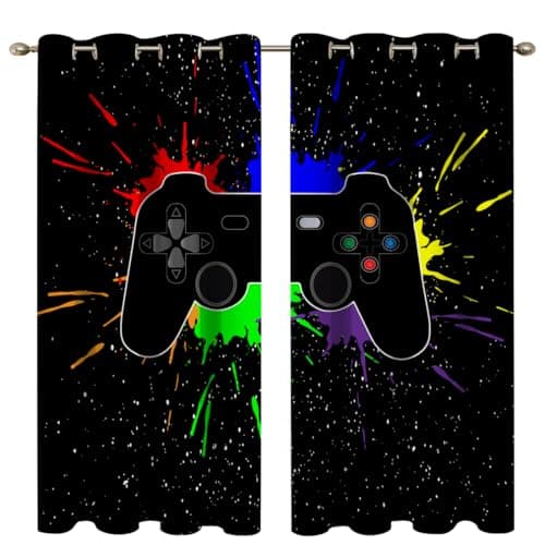 goodbath Gaming Curtains for Bedroom, Gamer Blackout Eyelet Thermal Insulated Ring Top Window Treatment 2 Panels for Living Room Nursery,Black, 46x54 inch(117 x 138 cm)