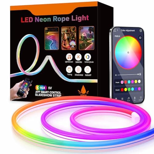 Aurevita RGB IC Neon LED Strip Lights, Flexible 5V USB Led Rope Lights with Bluetooth APP, IP65 Outdoor Sync Gaming Neon Lights for Bedroom Wall Gaming Deco (RGB-IC 10m Bluetooth)