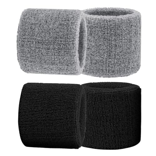 WOLMIK 4 Pcs Sweat Bands Wristbands, Protective Elastic Sports Wrist Sweat Bands Men Women, Soft Thickened Absorbent Wrist Sweatbands for Gym Basketball Tennis Running Exercise (Black&Grey)