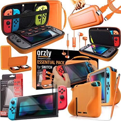 Orzly Switch Accessories Bundle – Carry Case for Nintendo Switch Console (NOT OLED MODEL) Tempered Glass Screen Protectors, USB Charging Cable, Switch Games Case, Comfort Grip Case & Headphones ORANGE