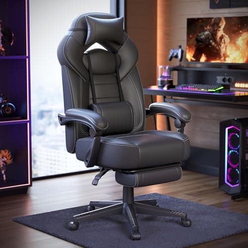 SONGMICS Gaming Chair, Office Racing Chair with Footrest, Desk Chair, Ergonomic Design, Adjustable Headrest, Lumbar Support, 150 kg Load Capacity, Black OBG077B11