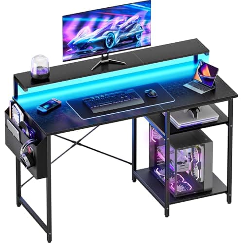 DLONGONE Gaming Desk with LED Lights and Adjustable Monitor Stand, 100x48cm