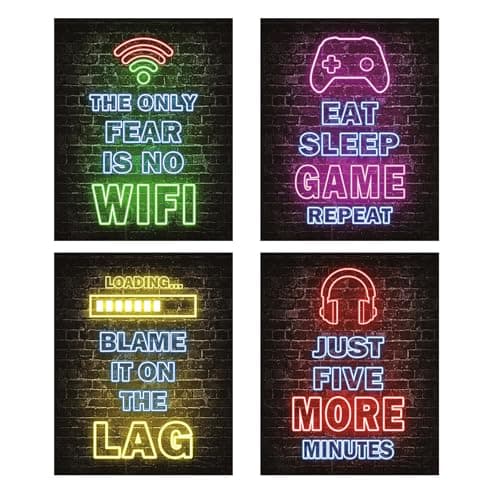 YEVON Gaming Posters Wall Art Set of 4 – Neon Gaming Room Decor for Boys Bedroom – 8×10 inch Unframed Canvas Posters for Teen Bedroom Accessories – Wall Decoration for Boys Playroom