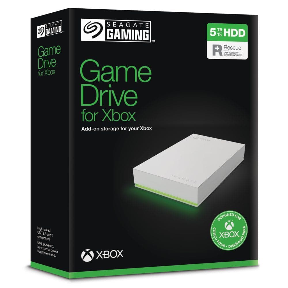 Seagate Game Drive for Xbox 5TB, External Hard Drive Portable, USB 3.2 Gen 1, White with built-in green LED bar, Xbox Certified, Data Rescue Services (STKX5000100) | Officially Licensed HDD for Xbox. Archive Series X|S games. Play Xbox One games directly. Xbox Game Pass. Warranty