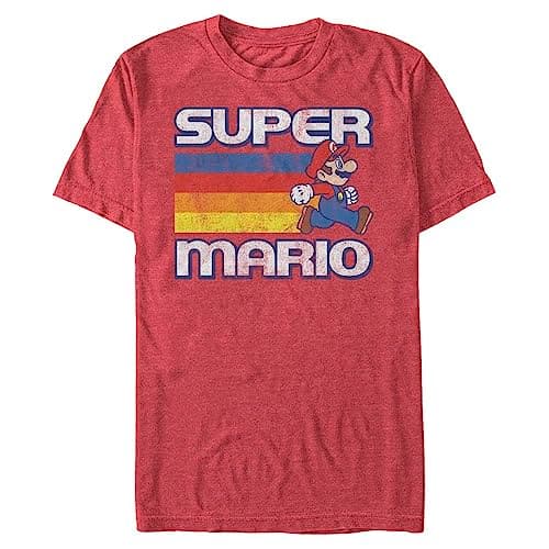 Nintendo Men's Super Mario Running Retro Stripe T-Shirt, Red Heather, Large