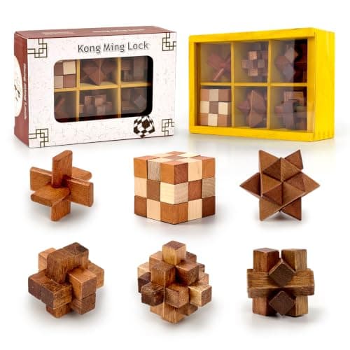 Holzsammlung Set of 6 3D Wooden Brain Teaser Puzzles, IQ Challenge Puzzle Games, Small Logic Mind Puzzle Box Toy Removing Assembling Lock Puzzle Gift Set for Adults Teenagers Kids, 1.8inch 4.5cm