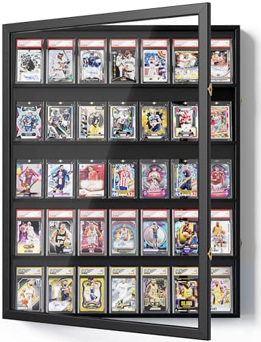 Emfogoo Card Display Case, Large Trading Card Display Frame Wall Mount, 35 Graded Sports Display Frame with UV Protection Clear View Lockable for Football Basketball Comic Trading Cards (Black)