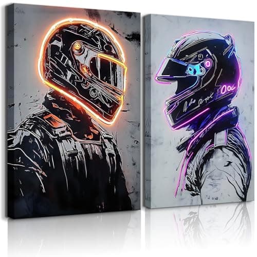 2 Pieces Neon Race Car Driver Canvas Wall Art Racing Helmet Wall Decor Boys Room Poster Prints Esports Room Paintings Pictures for Living Room Bedroom Ready to Hang (12x16in Canvas)