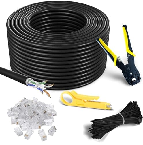 MutecPower 100m CAT6 Outdoor waterproof Direct Burial Ethernet Network Cable - UTP - CCA - 550 Mhz - Black 100 meter with Crimping tool RJ45 connectors and Cable Ties