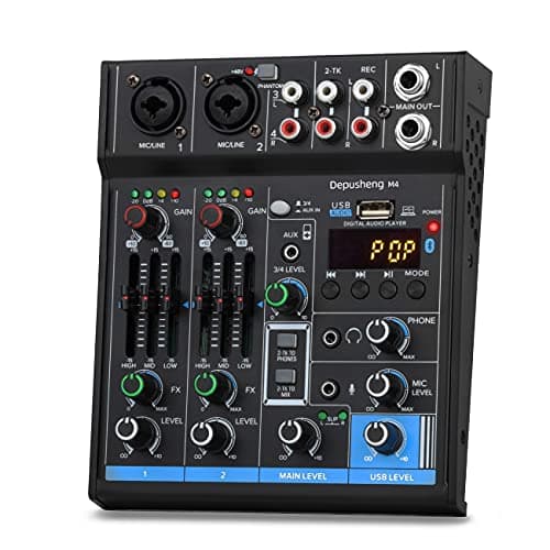 Professional Audio Mixer Sound Card Console Interface System 4 Channels USB Digital Bluetooth MP3 Computer Input 48V Phantom Power Stereo DJ Studio Streaming, Depusheng M4, Black