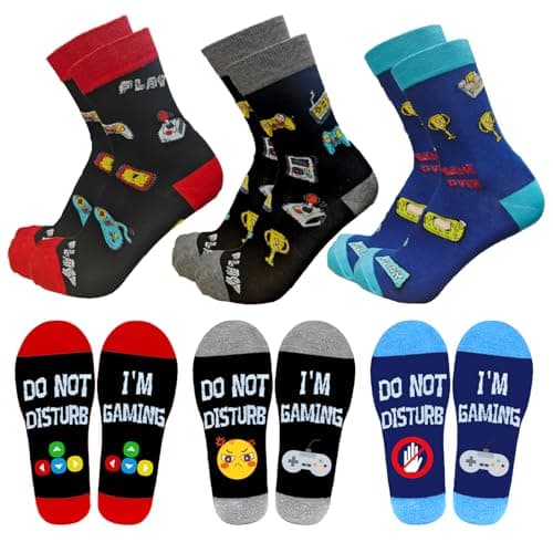 3 Pack Funny Gamer Socks for Men & Teen Boys, Novelty Cotton Crew Socks with Do Not Disturb I'm Gaming, Gamer Gift, UK Size 6-11