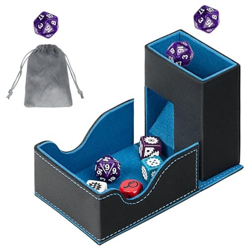 Jaffzora 3-in-1 Foldable Dice Tower & Magnetic Dice Storage Box, Premium Leather Dice Organiser with U-Shape Groove for D&D, MTG, RPG & Tabletop Games, Black & Blue