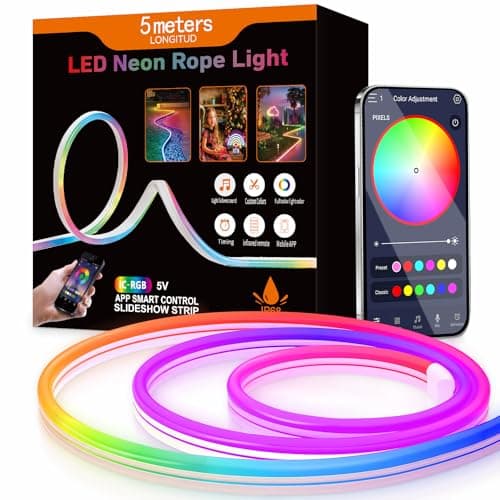 Aurevita RGB IC Neon LED Strip Lights, Flexible 5V USB Led Rope Lights with Bluetooth APP, IP65 Outdoor Sync Gaming Neon Lights for Bedroom Wall Gaming Deco (RGB-IC 5m Bluetooth)